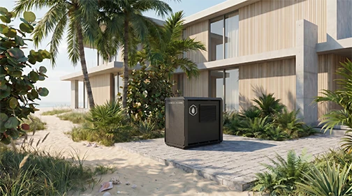 Genesis WaterCube atmospheric water generator outside a modern home producing clean drinking water